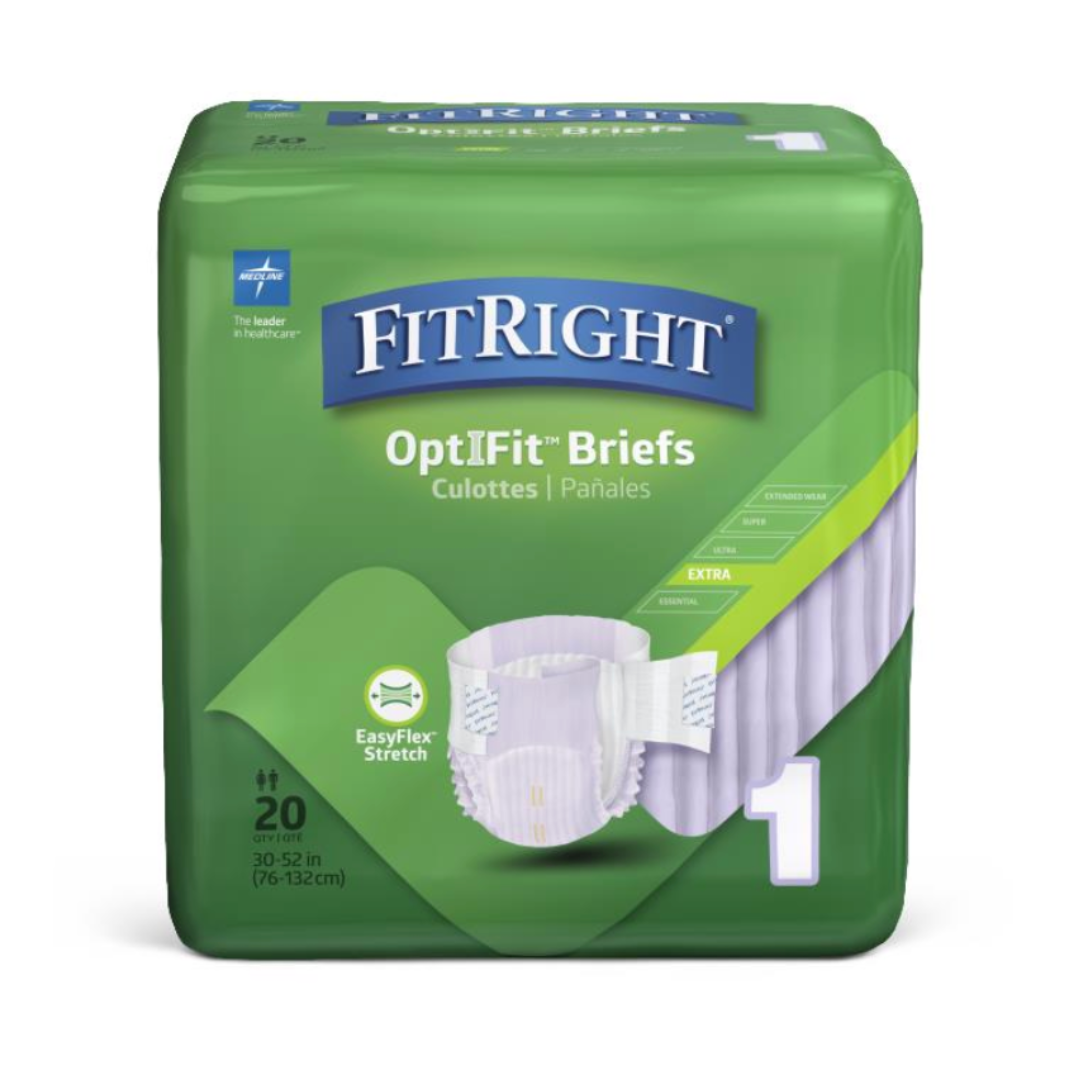 The image displays a green package of FitRight Extra Stretch Unisex Briefs, size 1, suitable for 30-52 inch waists. It emphasizes the EasyFlex Stretch feature and moderate absorbency. The package contains 20 briefs.